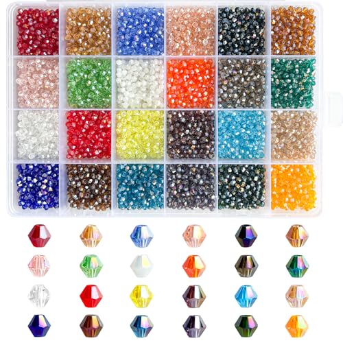 Doppelkegel-Kristallperlen, 3 mm, kleine facettierte Doppelkegel-Glasperlen für Schmuckherstellung, Basteln, Armband, Halskette, Ohrringe mit Behälterbox, 4800 Stück (24 Regenbogenfarben) von Rubdub