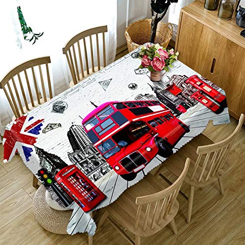 Rubyia Tischdecke Draußen Rechteckig, Wasserabweisende Table Cloth Londoner Stadtansicht Doppeldecker Bus Motiv, Polyester, 140 x 180 cm von Rubyia