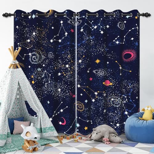 Ruelvth Galaxy Verdunkelungsvorhänge für Kinder, Mond und Stern, Fenstervorhänge für Jungen und Mädchen, Blau, Kinderzimmer, Fenstervorhänge mit Ösen, 134 x 213 cm, 2 Paneele von Ruelvth