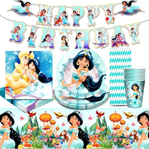 51 Pcs Prinzessin Jasmin Deko Geburtstag, Jasmin Partygeschirr Geburtstag, Prinzessin Jasmin Geburtstag Party, Partygeschirr Kindergeburtstag Jasmin, Partygeschirr Set Mit Teller Becher von Ruenie