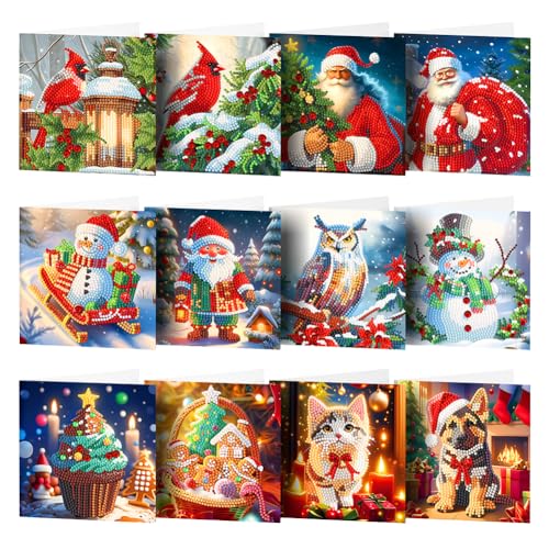 RuiDay 12 Stück Diamond Painting Weihnachtskarten, 2024 5D Diamond Painting Karten, Postkarten Weihnachten Handgefertigte Grußkarten Weihnachtskarte (D) von RuiDay