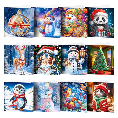 RuiDay 12 Stück Diamond Painting Weihnachtskarten, 2024 Neuer 5D Diamond Painting Karten, Postkarten Weihnachten Handgefertigte Grußkarten Weihnachtskarte (B) von RuiDay