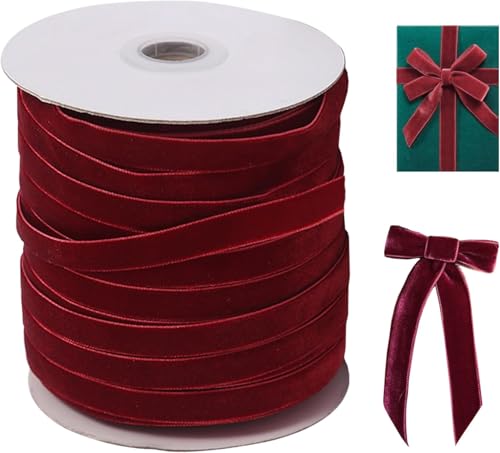 RuiDay 45m*10 mm Samtband, Luxuriöses Samtband Rot/Samtband Grün, Samtband Dunkelrot, Weihnachten Velvet Ribbon auf Rolle für Geschenkverpackungen, Festival-Partyzubehör (Rot) von RuiDay