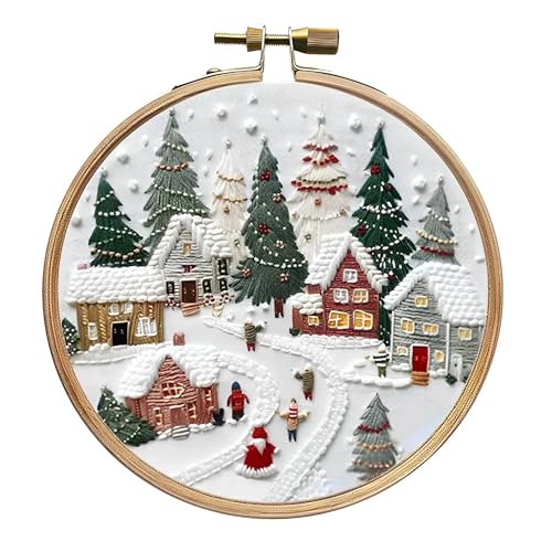 RuiDay Weihnachtsstickerei-Set, Sticksets für Erwachsene Anfänger, Kreuzstich-Kits für Erwachsene mit Weihnachtselementen, DIY Kreuzstich-Kits enthält Hoop Tuch Nadeln Fäden (Feriendorf) von RuiDay