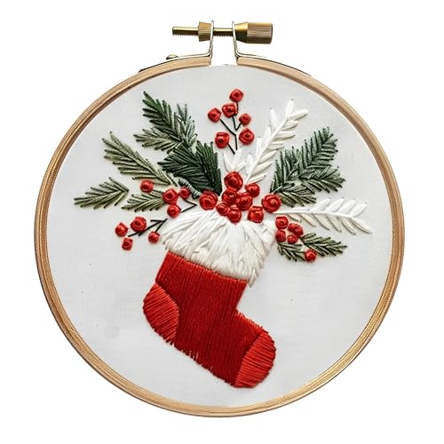 RuiDay Weihnachtsstickerei-Set, Sticksets für Erwachsene Anfänger, Kreuzstich-Kits für Erwachsene mit Weihnachtselementen, DIY Kreuzstich-Kits enthält Hoop Tuch Nadeln Fäden (Strumpf) von RuiDay