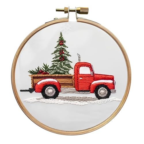 RuiDay Weihnachtsstickerei-Set, Sticksets für Erwachsene Anfänger, Kreuzstich-Kits für Erwachsene mit Weihnachtselementen, DIY Kreuzstich-Kits inklusive Hoop-Tuchnadeln, Fäden (LKW) von RuiDay