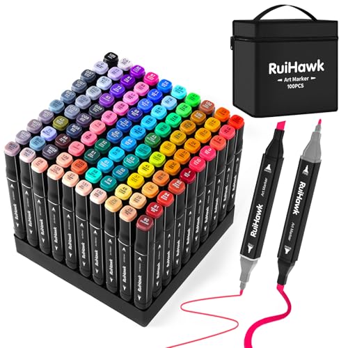 RuiHark 100+2 Farben Alkohol Stifte Set, Meißel & Feine Doppelter Spitze Alkohol Marker, 2 Sekunde Schnell Trocknende Filzstifte Set mit Anti-Seepage Abstandshaltern für Malerei, Design, Manga von RuiHawk