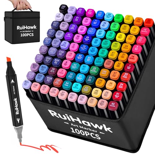 RuiHawk 100+2 Farben Alkohol Stifte Set, Meißel & Feine Verdoppelt Kunst Marker Filzstifte Set, 2 Sekunde Schnell Trocknende Alkohol Marker mit Anti-Seepage Abstandshaltern für Malerei, Design, Manga von RuiHawk