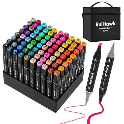 RuiHawk 80+2 Farben Alkohol Stifte Set, Meißel & Feine Verdoppelt Kunst Marker Filzstifte Set, 2 Sekunde Schnell Trocknende Alkohol Marker mit Anti-Seepage Abstandshaltern für Malerei, Design, Manga von RuiHawk