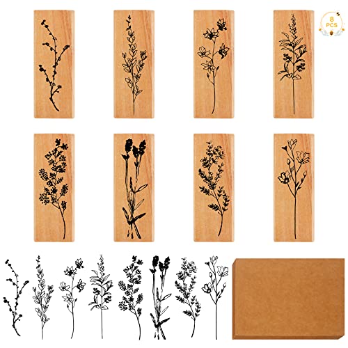 Holzstempel zum Basteln Hölzern Stempel Set 8 Stück Gummi Holz Vintage Holzstempel Natürliche Pflanze Seal Set mit 20 Pergamentpostkarte für Kartenherstellung Basteln Schreibwaren DIY Scrapbooking von Ruicaifu