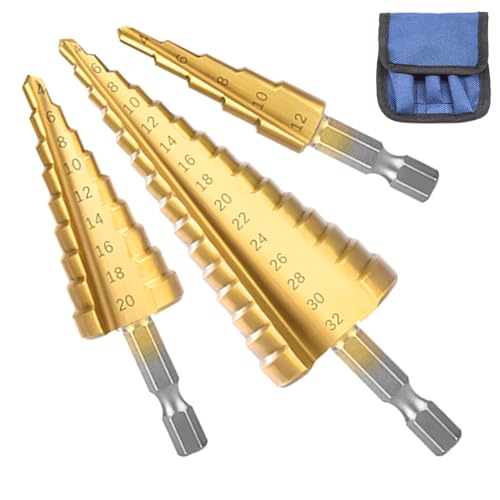 Ruidee 3 Stück HSS Titan Bohrer Kegelfräser Stufenbohrer Hex Kegelfräser All-In-One Drill zum Bohren Bohren in Holz Stahl Kunststoff Aluminium 4-12/4-20/4-32 mm (ZT/4-32mm) von Ruidee