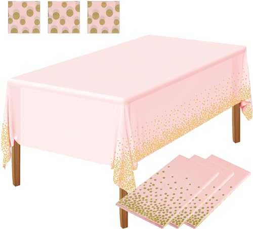 3 Packung Party Tischdecke Kunststoff Tischdecke goldene Punkte Konfetti Einweg Tischdecke rechteckige Party Tischdecke für Picknick Babyparty Geburtstag,Rosa und Gold,137 x 274 cm von Ruikcoll