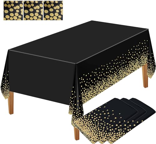 3 Packung Party Tischdecke Kunststoff Tischdecke goldene Punkte Konfetti Einweg Tischdecke rechteckige Party Tischdecke für Picknick Babyparty Geburtstag,Schwarz und Gold,137 x 274 cm von Ruikcoll