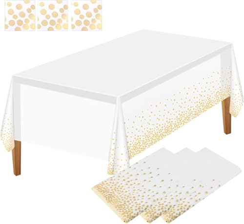 3 Packung Party Tischdecke Kunststoff Tischdecke goldene Punkte Konfetti Einweg Tischdecke rechteckige Party Tischdecke für Picknick Babyparty Geburtstag,Weiß und Gold,137 x 274 cm von Ruikcoll