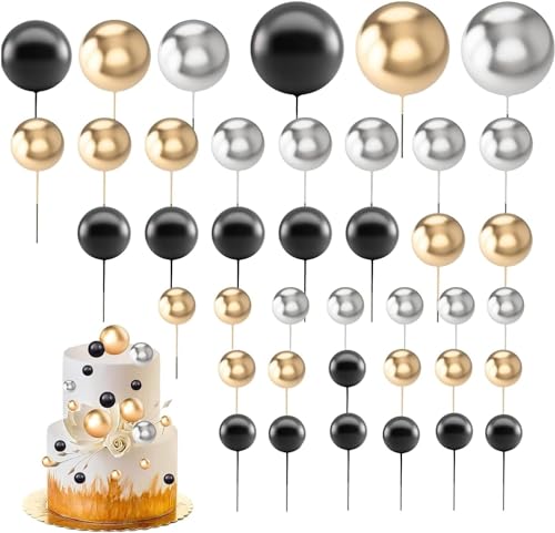 Tortendeko Kugeln Cake Topper, DIY Kuchen Topper,Happy Birthday Tortendeko Schwarz, für Hochzeit Party Geburtstag Torte Dekorieren (Schwarz)，60 Stück von Ruikcoll