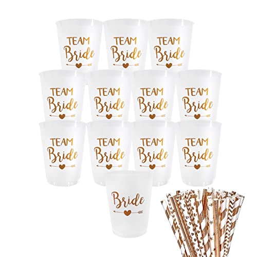 12 Stück Team Bride Becher JGA Becher Wiederverwendbar Bachelorette Party Cup mit 12 Rosagold Folie Team Bride Strohhalme für Bridal Shower Verlobungsfeier Junggesellenabschied frauen Party von Ruikdly