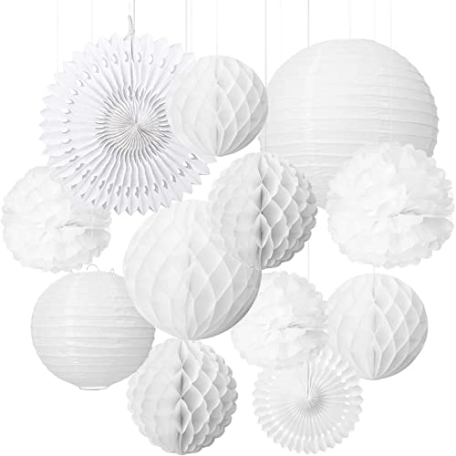 Papierlaternen Weiß 12 Stück Set Lampions Papier Papierlampion Papierlampen Rund Pompons Wabenbälle Fächer für Hochzeit Zuhause Gartenparty Geburtstags Deko von Ruikdly