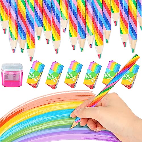 Ruikdly 12 Regenbogenfarben Stifte 15 Regenbogen Radiergummi 4 in 1 Farbstifte Regenbogen Stifte mit Doppelanspitzer Regenbogen Buntstifte Set für Kinder Zeichnung Pencil, Schule Büro Haushaltswaren von Ruikdly