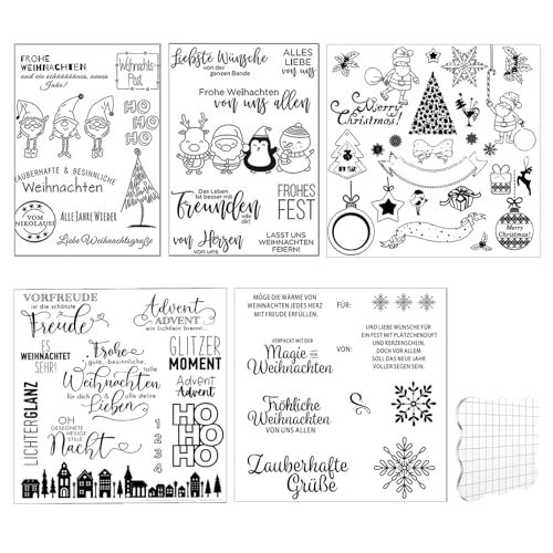 Ruikdly Silikonstempel Weihnachten, 5 Blätter Stempel Weihnachten Transparente Clear Stamp, Silikonstempel Set mit Acrylplatte, Gnom, Segen, Schneeflocke für Kartenherstellung und DIY Scrapbooking von Ruikdly