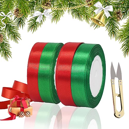 Weihnachten Geschenkband 4 Rollen Geschenkband Stoff Grün/Rot Weihnachtsbaum Dekoband mit 1 Schere Geliefert Satinband Set für Weihnachten, Hochzeit, Party (22M/Rolle) von Ruikdly