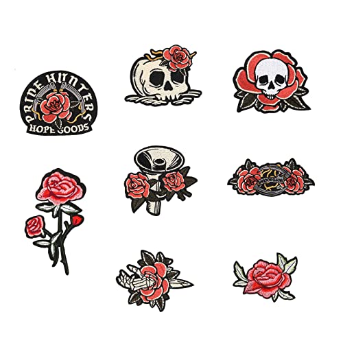 8 Stück Totenkopf-Rosen-Stil zum Aufbügeln Vintage Stickerei Dekorative Patches Heißschmelz-Aufkleber für Heimwerker, Jeans, Rucksäcke von Ruimou