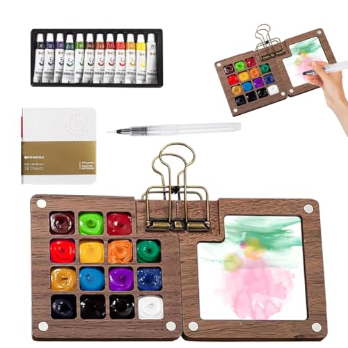 Mini Aquarell Set, 12 Farben Tragbare Aquarell Palette, Reise Aquarellpalette, Zusammenklappbare Holz Mini Palette, Aquarellfarben Set mit Aquarellpapier Journal, Aquarellpinsel Stiftel, Clip Mini Aquarell Set, 12 Farben Tragbare Aquarell Palette, Reise Aquarellpalette, Zusammenklappbare Holz Mini Palette, Aquarellfarben Set mit Aquarellpapier Journal, Aquarellpinsel Stiftel, Clip von Ruioomeep