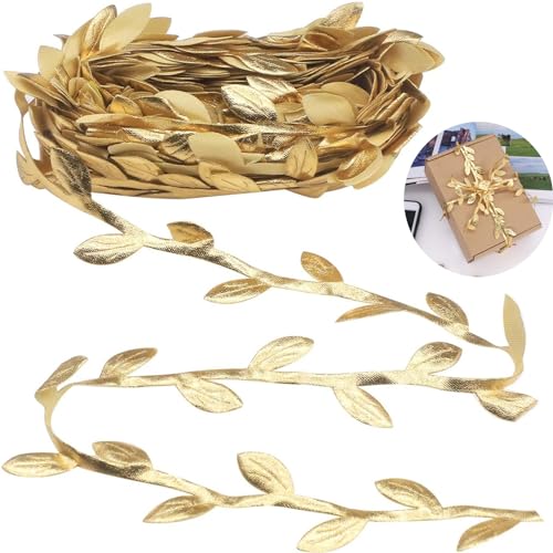 10M Streifen Geschenkband, Goldfarbenes Blätterband Gold Blattbesatzband Geschenk Luftschlangen, Künstliche Pflanzen Bänder Girlande Blattband Blatt Stirnbänder Blätter Band für DIY Party (Gold) von Rumgug