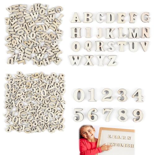 200 Stück Holzbuchstaben Set, Zahlen Buchstaben Holz Holznummern Holz-Zahlen Set Natürliche Hölzerne Kleinbuchstaben, Klein Alphabet Buchstaben Wooden Letters Numbers für DIY Kunsthandwerk Deko Party von Rumgug