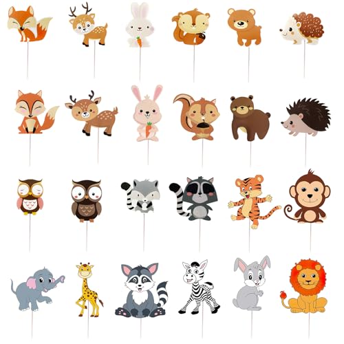 24 Stücke Forest Animal Party Cake Toppers, Wald Tier Party Kuchendeckel Dschungel Tiere Kuchen Topper Kuchendeko, Waldtiere Kuchendekoration Woodland Tier Cupcake Dekoration for Baby Shower Birthday von Rumgug