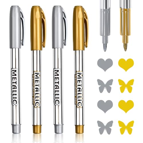 Rumgug 4 Stück Metallic Marker Stifte Set, Glanzlackmarker Gold und Silber Highlight Permanente Acrylmarker Goldstift Metallisch Markierstifte Glänzende für Kartenherstellung Malerei Album Fotoalbum von Rumgug