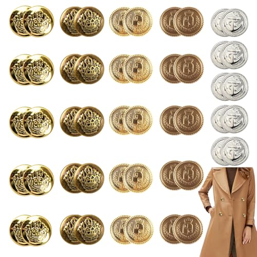 50 Stück Blazer Knöpfe Set, Gold Runde Dekorative Knöpfe Vintage Shank Buttons Für Blazer, Vintage Antike Knöpfe Polierte Goldene Ankerknöpfe mit Logo für Anzüge Uniform Jacke (21mm) von Rumgug