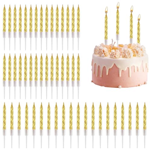 50 Stück Spiral Kuchen Kerzen mit Halterungen Metallische Geburtstagskerzen für Torte, Kurze Dünne Kinder Kuchenkerzen für Geburtstag Hochzeit Party Kuchen Dekorationen (Gold) von Rumgug