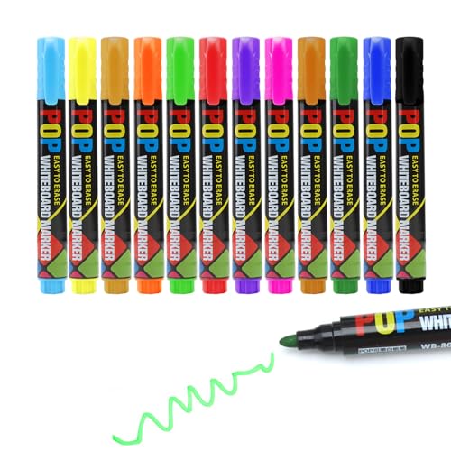 Kreidestifte für Tafel Abwaschbar, Whiteboard Marker 12-Farben Whiteboard und Kreidestifte Set Trocken und Rückstandsfrei Abwischbar von Whiteboards Schnelltrocknende Geruchsarme für Zuhause Büro von Rumgug