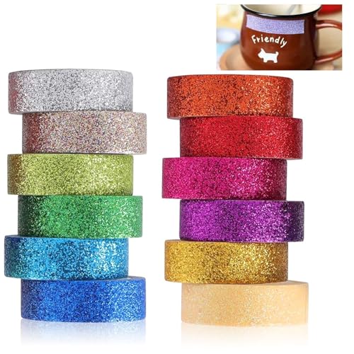 Rumgug 12 Rollen Washi Tape Set, Glitzernde Dekoratives Klebeband Bunte Glitzernde Bänder DIY Papier Tape, Glitzer Funkelnd Dekoratives Bunt Masking Dekrativer Bastelband für DIY 15mmx3m von Rumgug