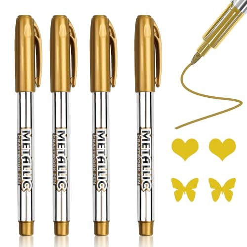 Rumgug 4 Stück Metallic Marker Stifte Set, Glanzlackmarker Gold Highlight Permanente Acrylmarker Goldstift Metallisch Markierstifte Glänzende für Kartenherstellung Malerei Album Fotoalbum von Rumgug