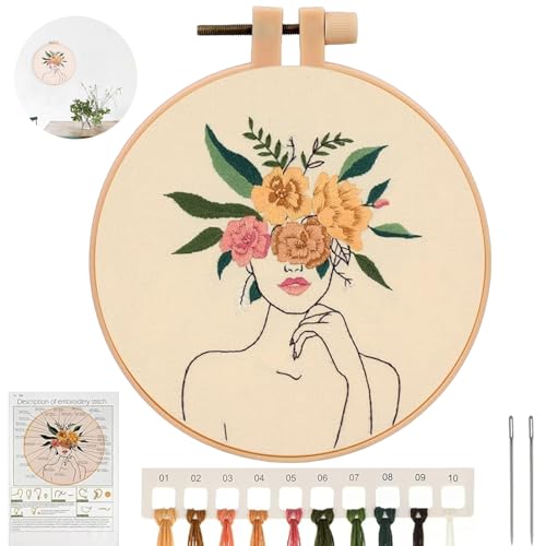 Rumgug Frau Stickerei Starter Kit, DIY Handgemachte Kreuzstich Set Anfänger Embroidery Cross Stitch Starter Kit Stickset Stickgarn Sticktuch Set mit Blumenmustern für Anfänger Erwachsene & Kinder von Rumgug