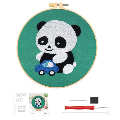 Stanznadel Stickerei Starter Kit, Panda Punch Needle Set Debutant Embroidery Starter Stanznadelstoff Muster Basteln DIY Stickrahmen Kit mit Stoff Fäden Einfädelhilfe für Erwachsene Kinder Anfänger von Rumgug