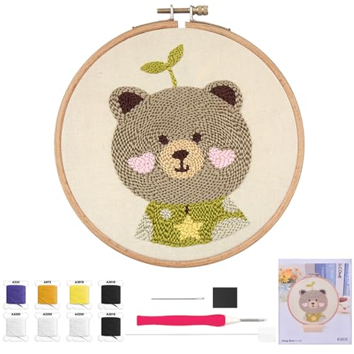 Stanznadel Stickerei Starter Kit, Panda Punch Needle Set Debutant Embroidery Starter Stanznadelstoff Muster Basteln DIY Stickrahmen Kit mit Stoff Fäden Einfädelhilfe für Kinder Erwachsene (Bear) von Rumgug