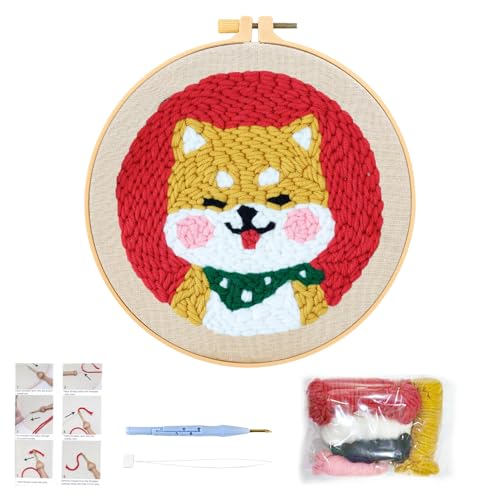 Stanznadel Stickerei Starter Kit, Panda Punch Needle Set Debutant Embroidery Starter Stanznadelstoff Muster Basteln DIY Stickrahmen Kit mit Stoff Fäden Einfädelhilfe für Kinder Erwachsene (Shiba Inu) von Rumgug