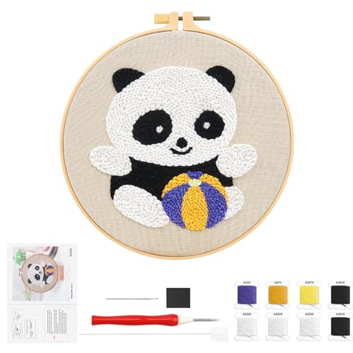 Stanznadel Stickerei Starter Kit, Panda Punch Needle Set Debutant Embroidery Starter Stanznadelstoff Muster Basteln DIY Stickrahmen Kit mit Stoff Fäden Einfädelhilfe für Kinder Erwachsene Anfänger von Rumgug