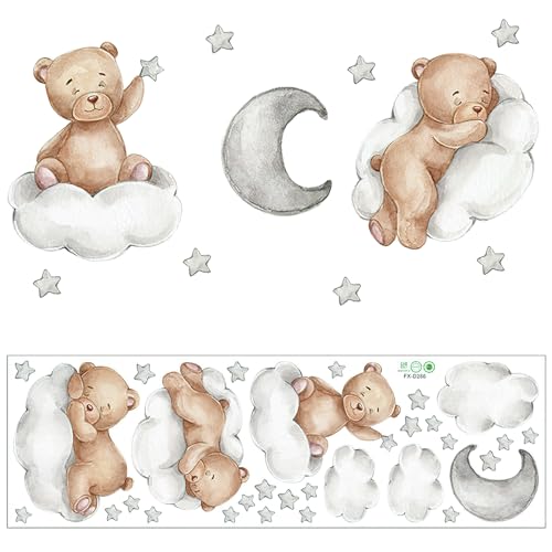 Wandsticker Teddybär, Wandtattoo Stern Mond Bär Auf Der Wolke Lichtfarbe Babyzimmer Wandaufkleber Selbstklebend Kinderzimmer Tiere für Mädchen Junge Schlafzimmer Wanddeko Schrank Deko, 90 x 30 cm von Rumgug