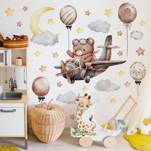 Wandsticker Teddybär, Wandtattoo Stern Mond Bär Auf Der Wolke Lichtfarbe Babyzimmer Wandaufkleber Selbstklebend Kinderzimmer Tiere für Mädchen Junge Schlafzimmer Wanddeko Schrank Deko (002) von Rumgug