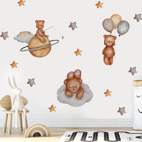 Bär auf Wolke Wandtattoo, Wandsticker Teddybär Stern Luftballons Wandaufkleber Aquarell Kinder Wall Stickers für Mädchen Kinder Babyzimmer Wohnzimmer Schlafzimmer Kinderzimmer Hause Wanddekoration von Rumgug