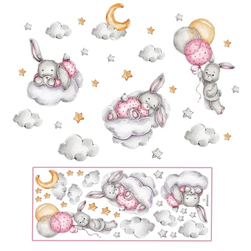 Wandtattoo Wandsticker, Hase Mond Wolke Ballon Wandaufkleber Lichtfarbe Babyzimmer Wandsticker Tiere Wandsticker Aquarell Kinder Wall Stickers für Mädchen Junge Schlafzimmer Wanddeko Schrank Deko von Rumgug