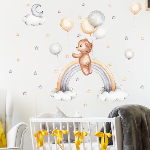 Wandsticker Teddybär, Wandtattoo Stern Mond Bär Auf Der Wolke Lichtfarbe Babyzimmer Wandaufkleber Selbstklebend Kinderzimmer Tiere für Mädchen Junge Schlafzimmer Wanddeko Schrank Deko (Animaux005) von Rumgug