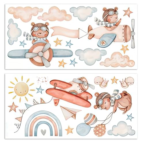 Wandsticker Teddybär, Wandtattoo Tiere Flugzeug Bär Wandaufkleber Ballon Bär Wolken Wandsticker Lichtfarbe Aquarell Kinder Wall Stickers für Mädchen Junge Schlafzimmer Wanddeko Schrank Deko von Rumgug