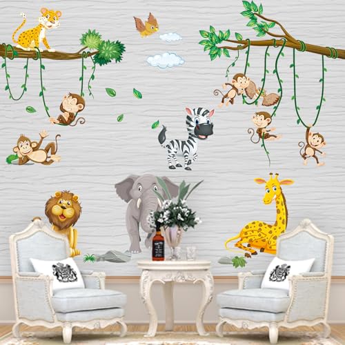 Wandtattoo Dschungel, Türaufkleber Waldtiere Safari Tiere Wandsticker Bär Wandaufkleber Waldtiere Selbstklebend Wandaufkleber Wanddeko für Kinderzimmer Babyzimmer Schlafzimmer Mädchen Jungen (002) von Rumgug