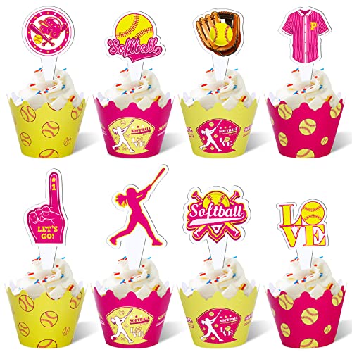 48 Stück Geburtstags-Cupcake-Topper und Förmchen Cupcake-Dekoration für Sport-Motto-Geburtstagsparty (Softball-Stil) von Rumia