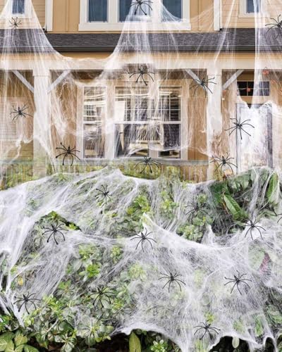 Spinnennetz Halloween, 420g Dehnbar Weiß Spinnennetz mit 150 Stücke Spinnen, Realistischer Horror Halloween Spinne Deko, Geeignet für Halloween Drinnen und Draußen, Haus, Garten, Partydekoratio von Rumicet