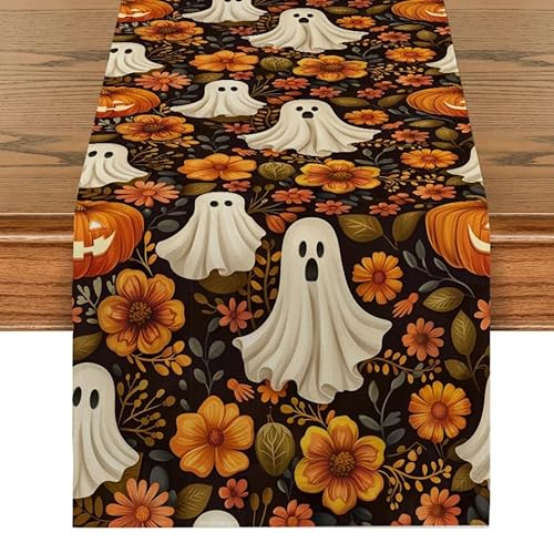 Halloween Tischläufer 33*183CM Halloween Deko Tischwäsche Niedlicher Geist Chrysantheme Tischdecke Leinen Vintage Orange Schwarz Abwaschbare tischdeko Halloween Geeignet für Küche Halloween Party von RunFar shop